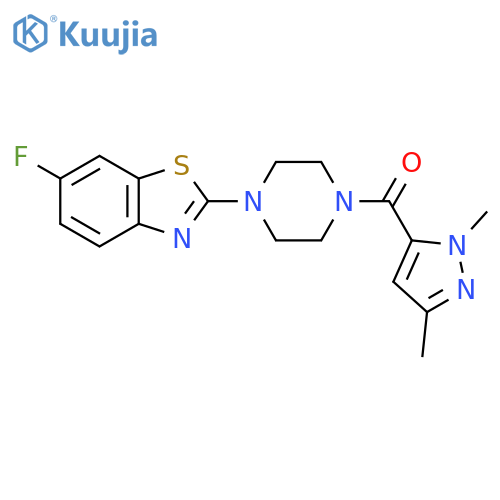 2-[4-(1,3-dimethyl-1H-pyrazole-5-carbonyl)piperazin-1-yl]-6-fluoro-1,3-benzothiazole structure