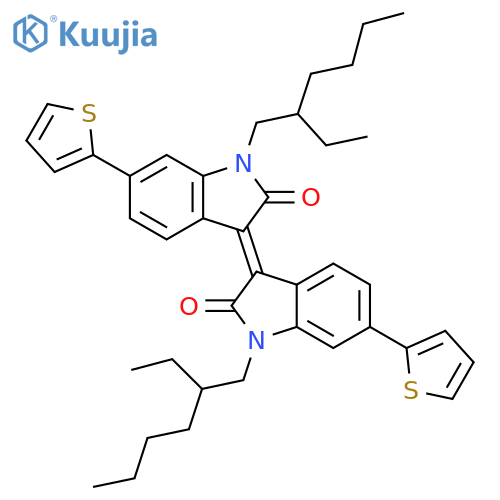(E)-1,1'-bis(2-ethylhexyl)-6,6'-di(thiophen-2-yl)-[3,3'-biindolinylidene]-2,2'-dione structure