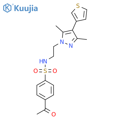 4-acetyl-N-{2-[3,5-dimethyl-4-(thiophen-3-yl)-1H-pyrazol-1-yl]ethyl}benzene-1-sulfonamide structure
