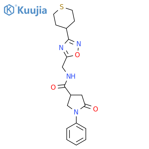 5-oxo-1-phenyl-N-{3-(thian-4-yl)-1,2,4-oxadiazol-5-ylmethyl}pyrrolidine-3-carboxamide structure