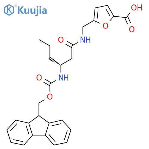 5-{(3R)-3-({(9H-fluoren-9-yl)methoxycarbonyl}amino)hexanamidomethyl}furan-2-carboxylic acid structure