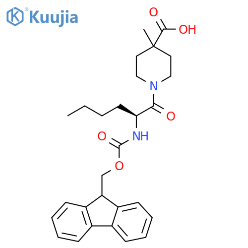 1-(2S)-2-({(9H-fluoren-9-yl)methoxycarbonyl}amino)hexanoyl-4-methylpiperidine-4-carboxylic acid structure