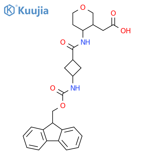 2-{4-(1s,3s)-3-({(9H-fluoren-9-yl)methoxycarbonyl}amino)cyclobutaneamidooxan-3-yl}acetic acid structure