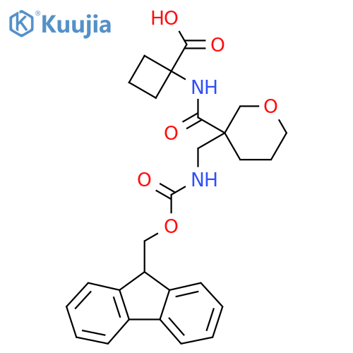 1-{3-({(9H-fluoren-9-yl)methoxycarbonyl}amino)methyloxane-3-amido}cyclobutane-1-carboxylic acid structure