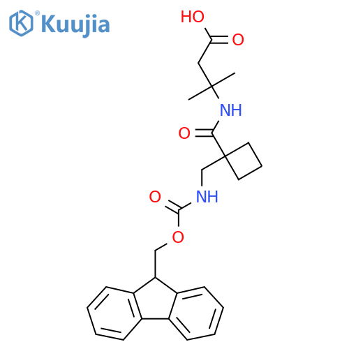 3-({1-({(9H-fluoren-9-yl)methoxycarbonyl}amino)methylcyclobutyl}formamido)-3-methylbutanoic acid structure