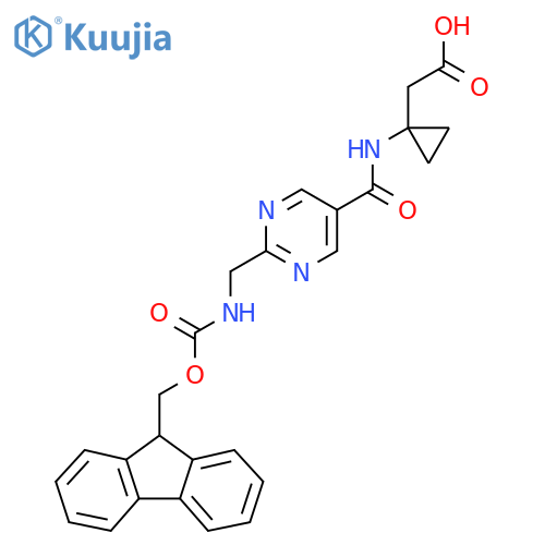 2-(1-{2-({(9H-fluoren-9-yl)methoxycarbonyl}amino)methylpyrimidine-5-amido}cyclopropyl)acetic acid structure