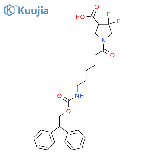 1-6-({(9H-fluoren-9-yl)methoxycarbonyl}amino)hexanoyl-4,4-difluoropyrrolidine-3-carboxylic acid structure