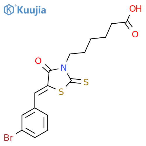 6-[(5Z)-5-[(3-Bromophenyl)methylidene]-4-oxo-2-sulfanylidene-1,3-thiazolidin-3-yl]hexanoic acid structure