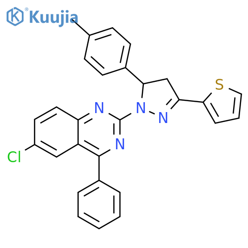 6-chloro-2-5-(4-methylphenyl)-3-(thiophen-2-yl)-4,5-dihydro-1H-pyrazol-1-yl-4-phenylquinazoline structure