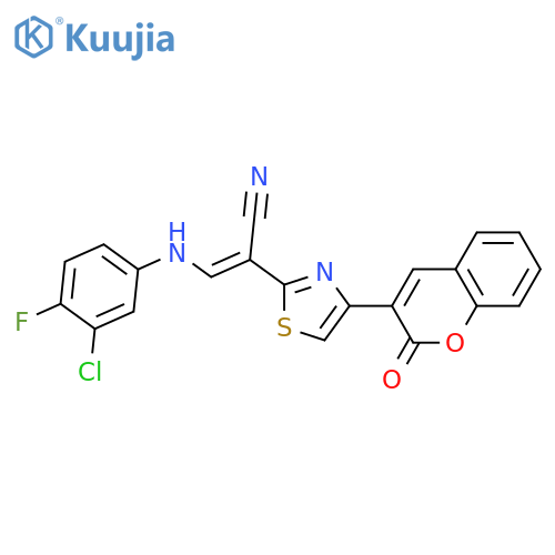 (2E)-3-(3-chloro-4-fluorophenyl)amino-2-4-(2-oxo-2H-chromen-3-yl)-1,3-thiazol-2-ylprop-2-enenitrile structure