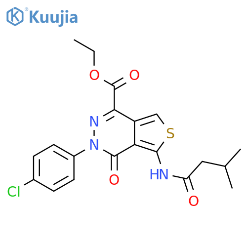 ethyl 3-(4-chlorophenyl)-5-(3-methylbutanamido)-4-oxo-3H,4H-thieno3,4-dpyridazine-1-carboxylate structure