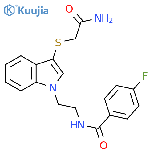 N-(2-{3-(carbamoylmethyl)sulfanyl-1H-indol-1-yl}ethyl)-4-fluorobenzamide structure