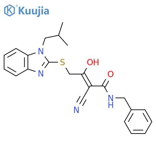(Z)-N-Benzyl-2-cyano-3-hydroxy-4-[1-(2-methylpropyl)benzimidazol-2-yl]sulfanylbut-2-enamide structure