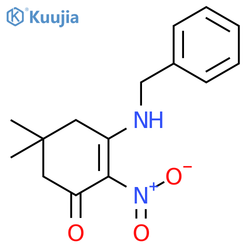 2-Cyclohexen-1-one, 5,5-dimethyl-2-nitro-3-[(phenylmethyl)amino]- structure