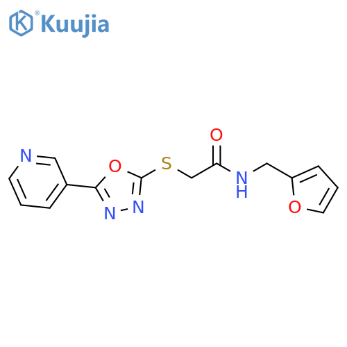 N-(furan-2-yl)methyl-2-{5-(pyridin-3-yl)-1,3,4-oxadiazol-2-ylsulfanyl}acetamide structure