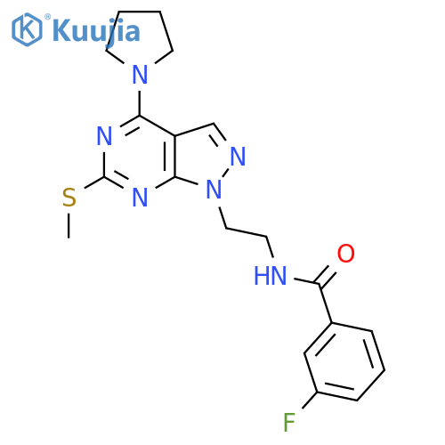 3-fluoro-N-{2-6-(methylsulfanyl)-4-(pyrrolidin-1-yl)-1H-pyrazolo3,4-dpyrimidin-1-ylethyl}benzamide structure
